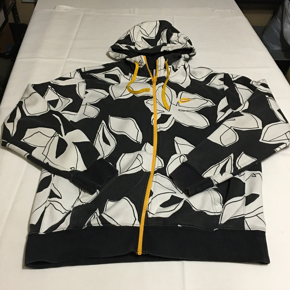 Nike Sportswear Club Full Zip Hoodie Mens Large Black Floral Print Yellow Zipper